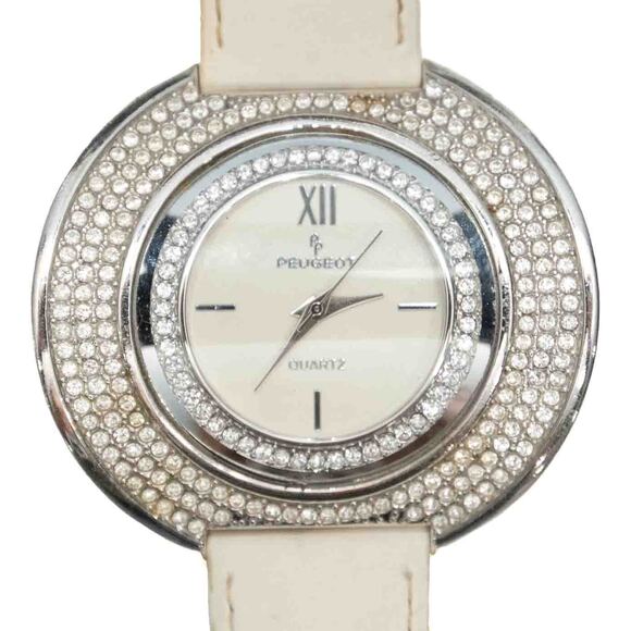 Peugeot Couture Crystal Accented White Leather Band Curved Case Watch main image 6